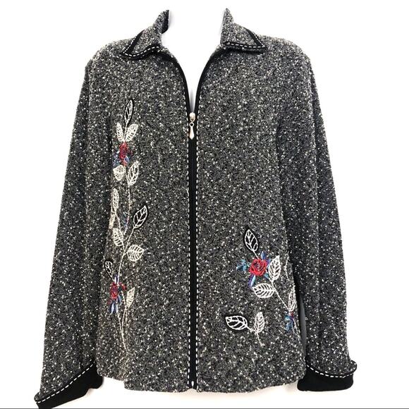 5/$25 Vintage Teddi Gray Embroidered Floral Zip Front Sweater Jacket Size Small - Picture 1 of 8